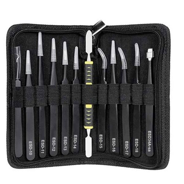 Tweezers ESD Tools Kit Stainless Steel Multi-Standard with Storage Bag