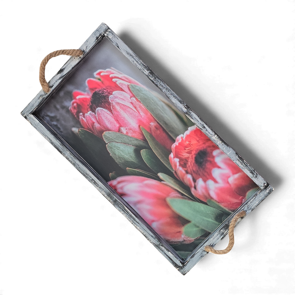 Handcrafted Wooden Serving Tray with Protea Bloom