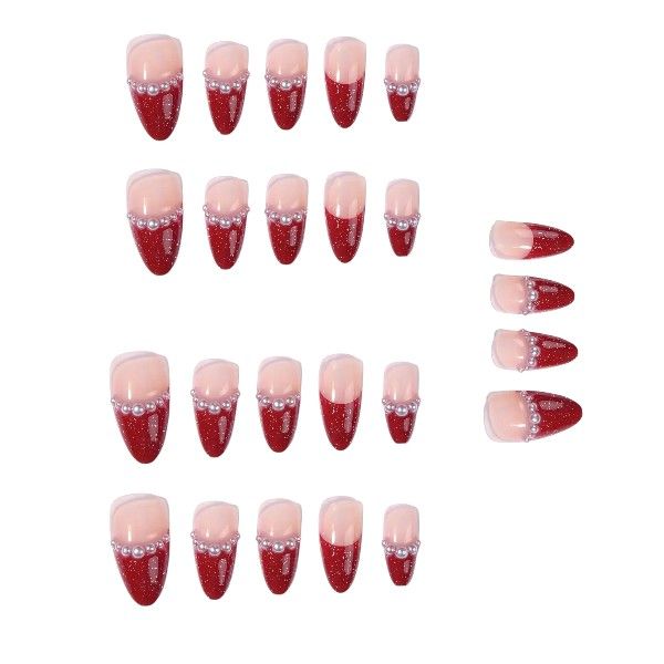 24 Piece Press On Nail Set With Elegant Pearl Accents - Red