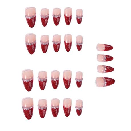 24 Piece Press On Nail Set With Elegant Pearl Accents - Red Image