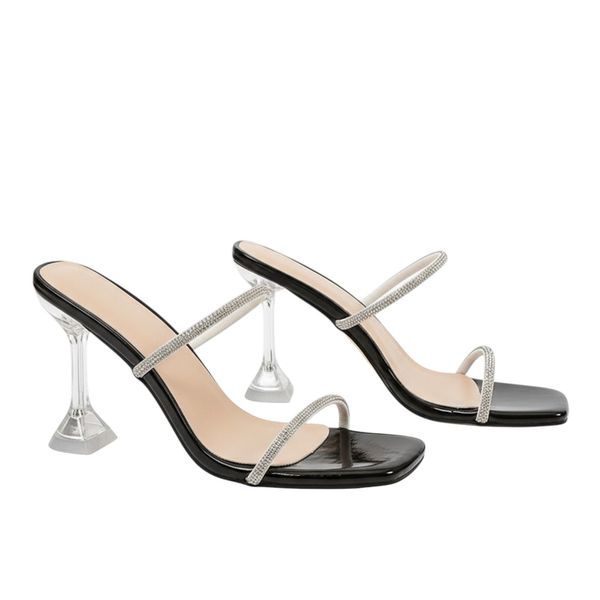 Women's Rhinestone Strap Square-Toe Mule Heels With Clear Heel