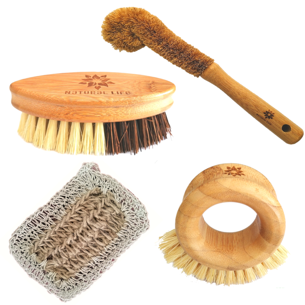 Cleaning Brushes - All Natural Scrubbing Brushes and Cloth Set - Pack of 4