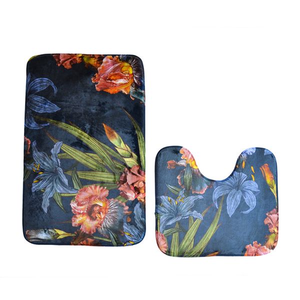 Cape Art Memory Foam 2 Piece Bath Mat Set Floral Navy Lilies And Iris