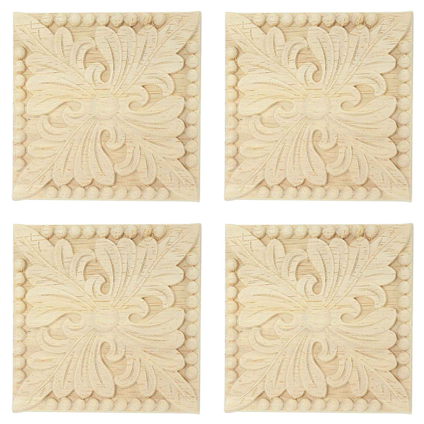 Natural Wood Appliques Square Flower Carving Decals 10X10Cm