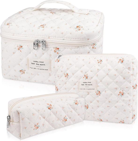 3 Pack Women's Quilted Toiletry Bag Set, Make Up Bag, Cosmetic Bag