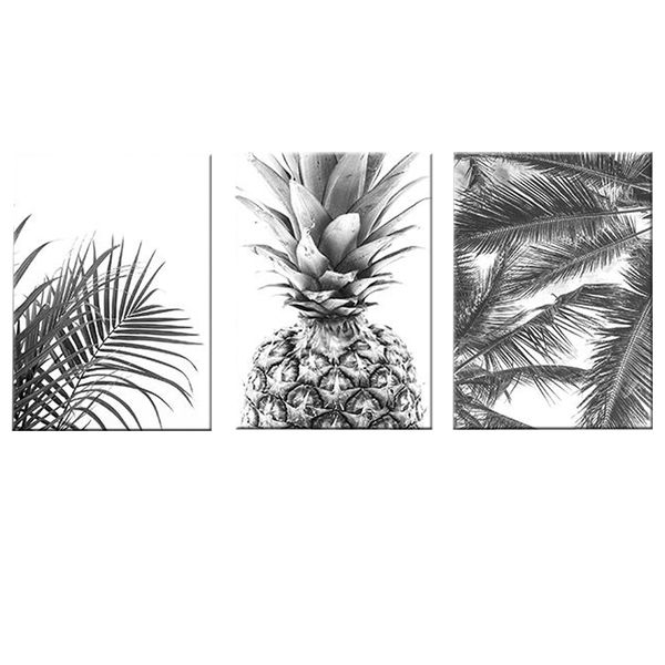 Canvas-Art-3 Pieces Tropical Palm Leaves Pineapple Black &amp; White Wall Art