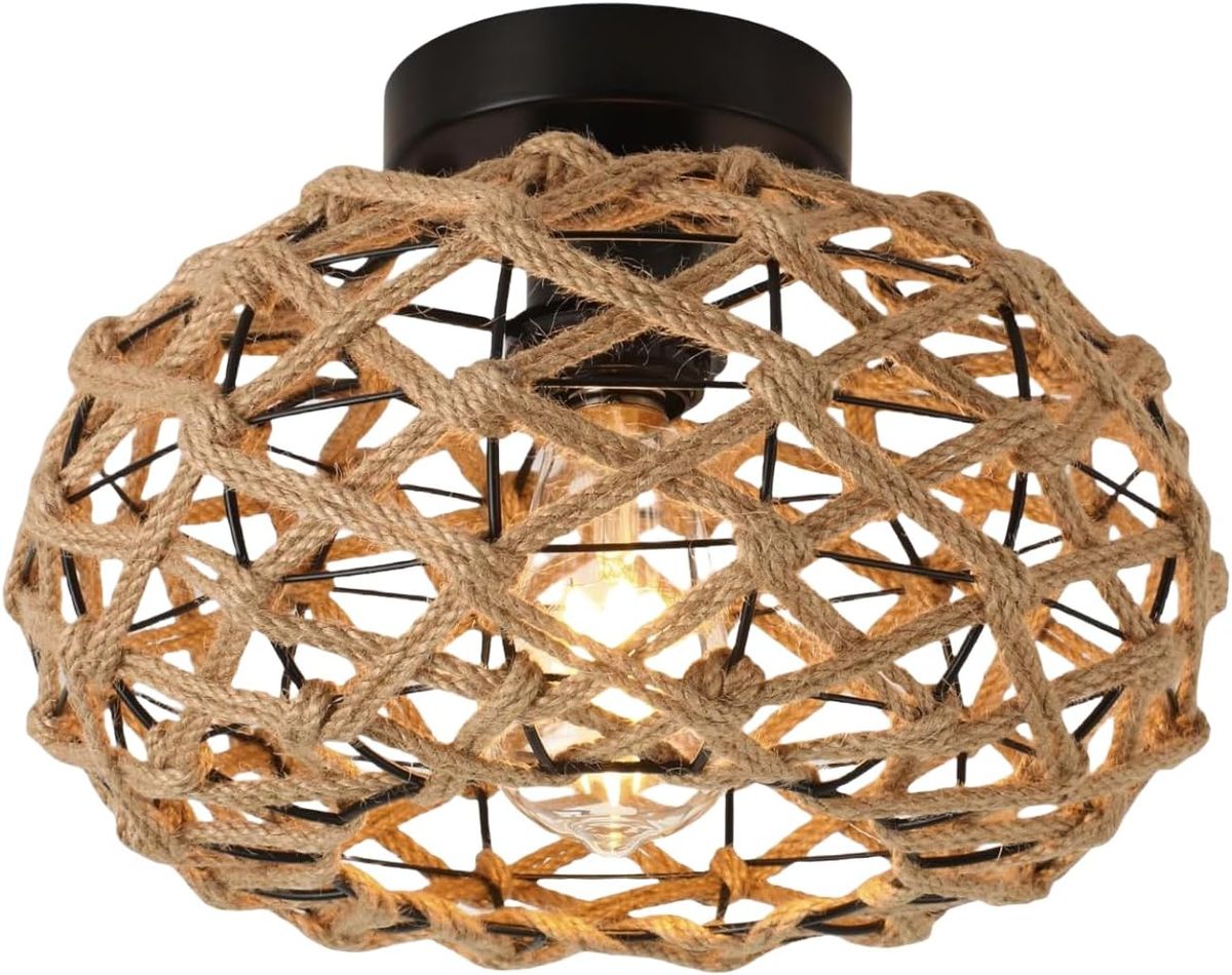 HOME IMPEX Rustic Flush Mount Ceiling Light with Woven Rope Shade