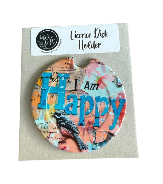 Licence Disk Holder - Beautiful Bird with I am Happy Quote