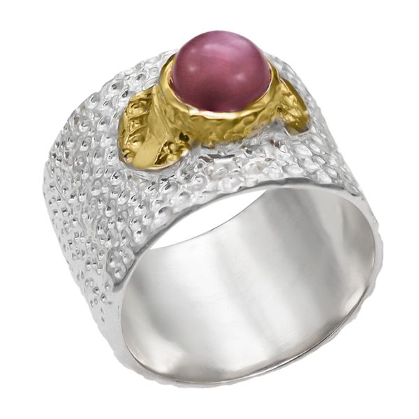 Handcrafted Broadband Solid Sterling Silver Ring with Ruby Cabochon Gem