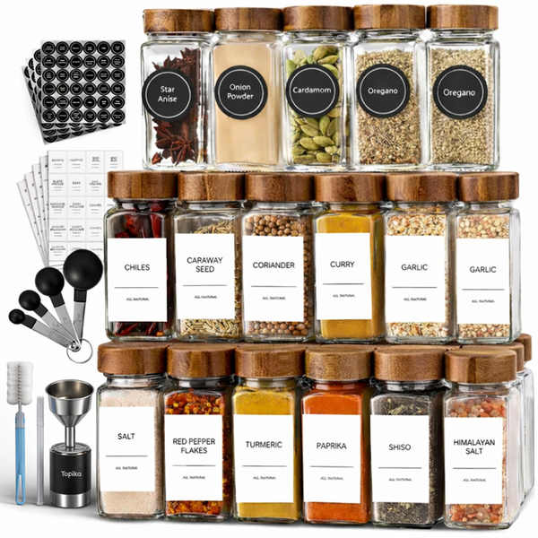 Topika - Spice Jars Glass Set 27pcs with Walnut Lids,Funnel,Grinder,Labels