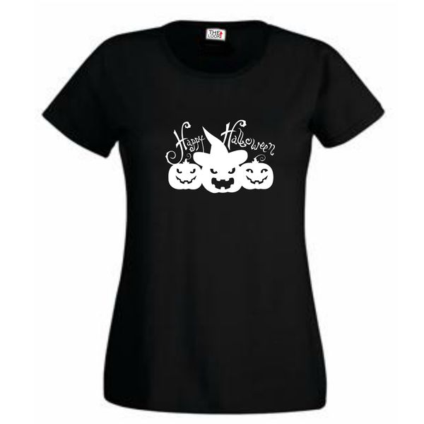 Think Out Loud Ladies "Happy Halloween Pumpkins" Short Sleeve Tshirt Black