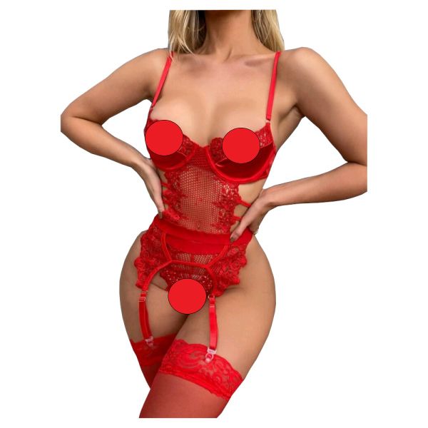 Cut Out Lace Underwire Garter Bustier Set with Stockings (Red)