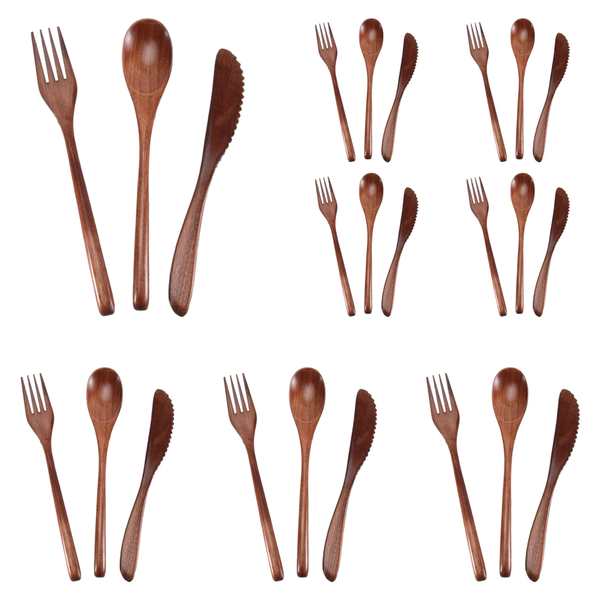 Wooden Spoon Fork Knife Cutlery Set Kitchen Flatware (24 Pieces)