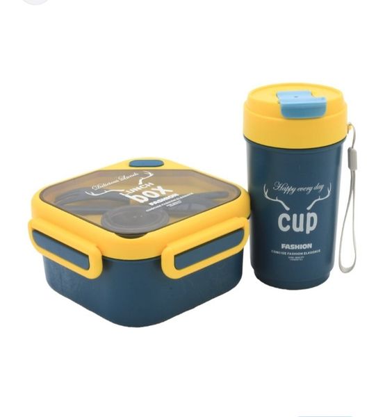 Blue Plastic Square Lunch Box With Cup