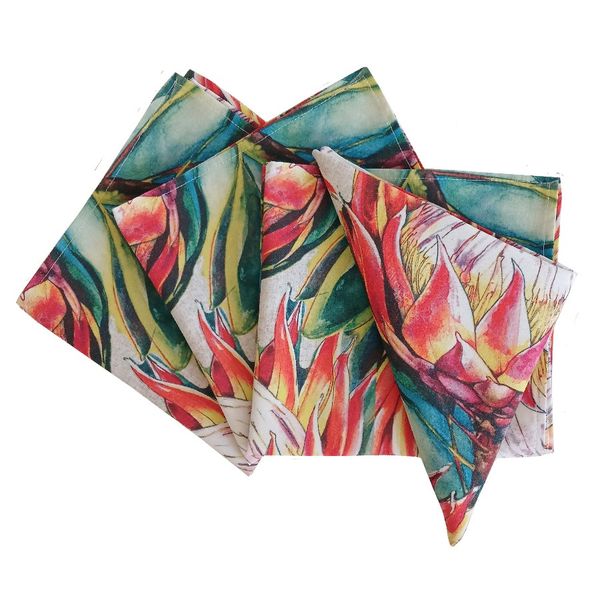 Protea Flower Fabric Printed Napkins 45x45cm - Pack of 4
