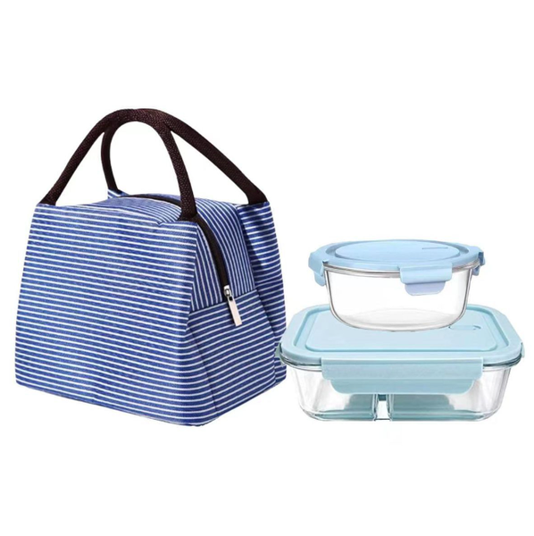 Set Of 3 Stripe Tote Lunch Bag With 2 Glass Lunch Boxes - Blue