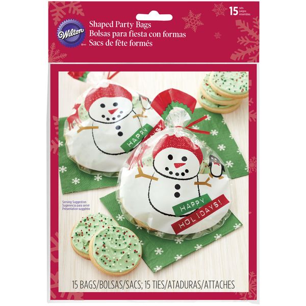 Wilton 15pc Snowman Round Happy Holiday Cellophane Treat Bag with Red Ties