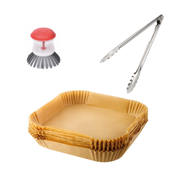 Square Air-Fryer Parchment Paper Liners - 100-Pack with Tongs &amp; Soap Scrubber