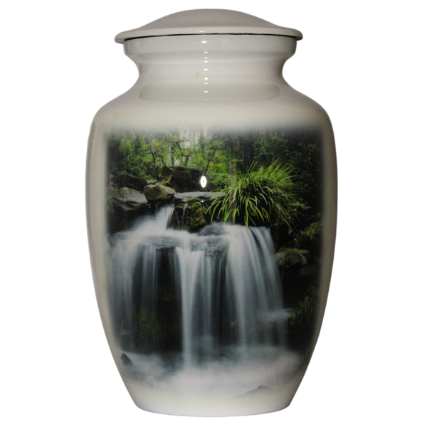 Forest Waterfall Theme Aluminium Memorial Cremation Urn For Ashes