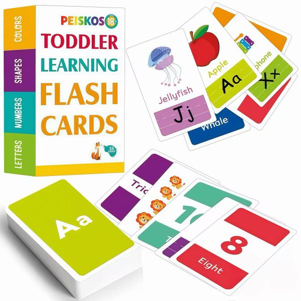 PEISKOS 58 Piece Toddler Flash Cards with Letters, Colors, Shapes, and Numbers