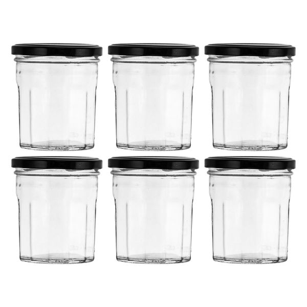 Regent 250ml Glass Faceted Jar With Black Lid 6 Pack (95X85Mm Dia)