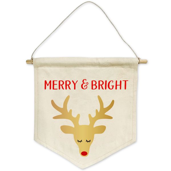 Merry &amp; bright reindeer Christmas cotton banner decor