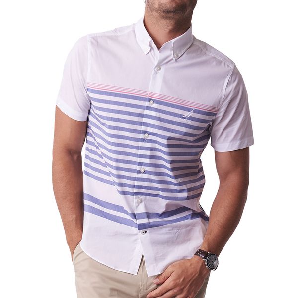 Nautica-W17903 Navtech Small Stripe Shirt-Bright White 1BW