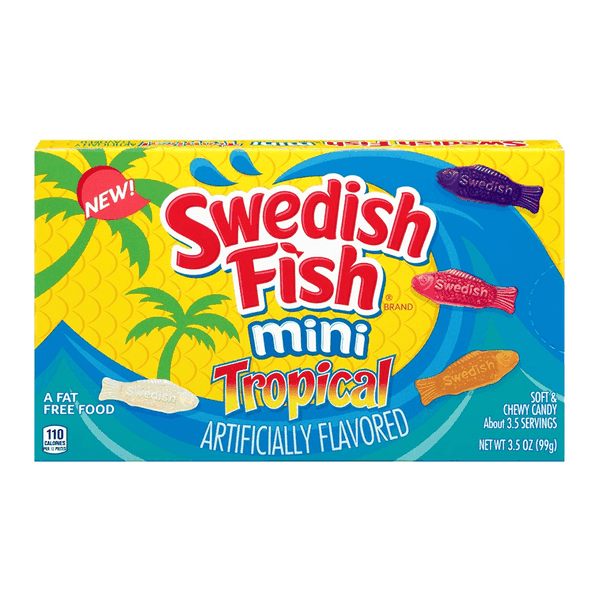 Swedish Fish Mini Tropical Soft &amp; Chewy Candy Sweets Snack Theatre Box 99g