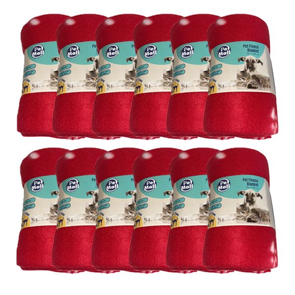 Pet Mall Pet Fleece Blanket Red Paw Print (76 x 100cm) - 12 Pack