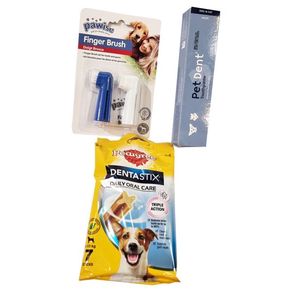 3 Pack - Pawise Finger Brushes, Pent Dent &amp; Pedigree Small DentaStix