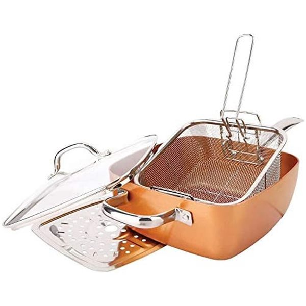 4-Piece Non-Stick Square Frying Pan with Lid Frying Basket &amp; Steamer Tray