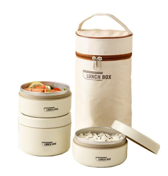 A Set of Three Stainless Steel Insulated Lunchboxes and One Insulated Bag