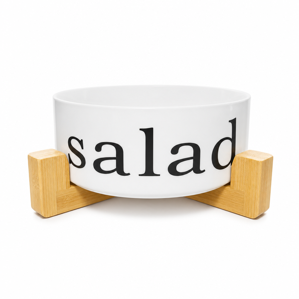 Modern Ceramic Salad Bowl with Wooden Stand