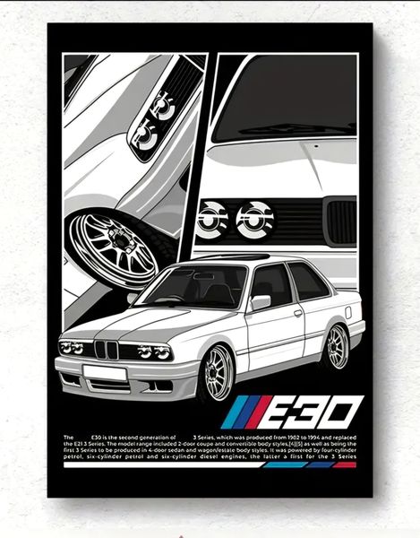 BMW E30 Boxshape Black Canvas Abstract Wall Art