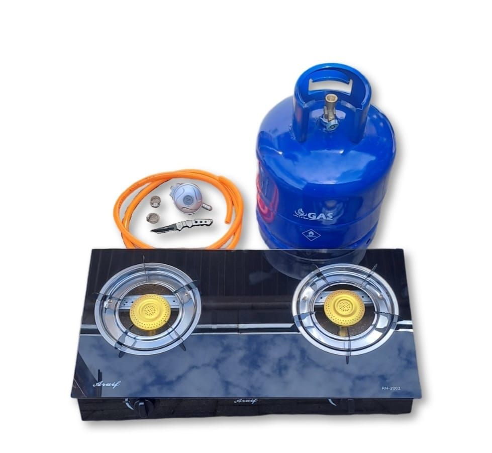 Black 2 Plate Glass Top Gas Stove with Fittings & Gas Cylinder 7kg