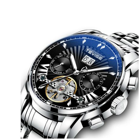 Tevise Luxury Men s Onyx Skeleton Mechanical Watch Silver Black