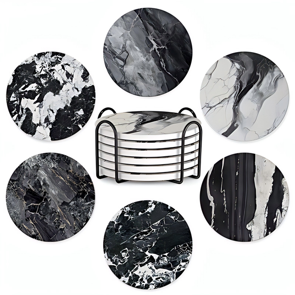 6 Piece Set of Absorbent Marble Ceramic Coasters with Bracket - 4 Inches
