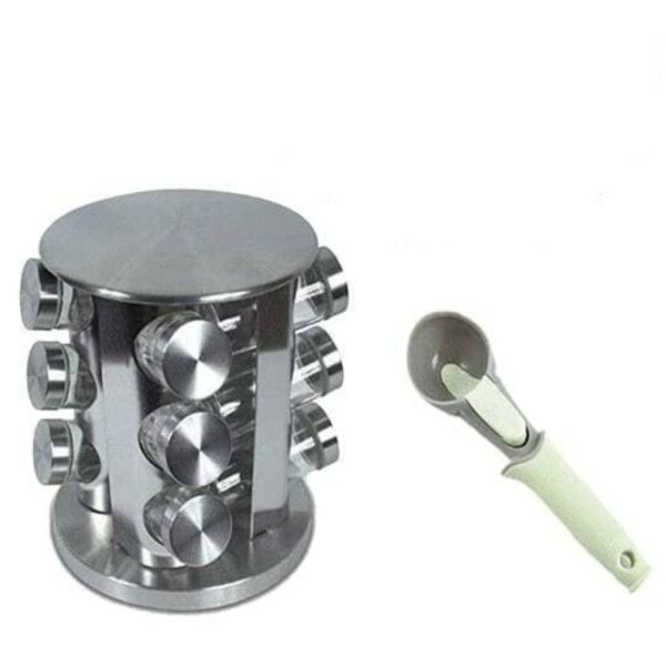 Spice Carousel Rotating With Ice Cream Scoop - 12 Jar - Silver
