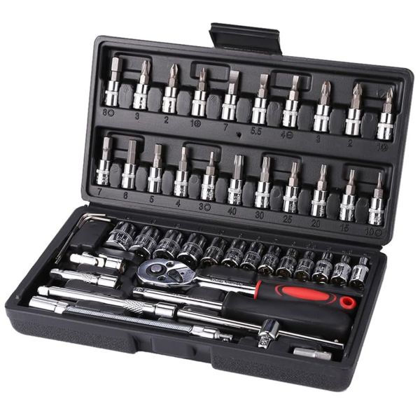 Blue Carbon 1/4 inch Drive Socket Ratchet Wrench with Case set of 46