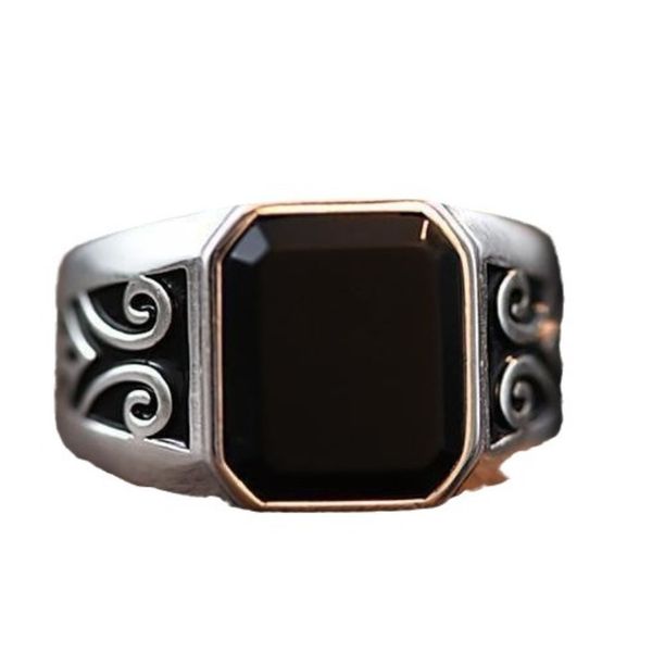 Popular Black Zircon Rings Men Retro Auspicious Cloud Pattern Obsidian Open