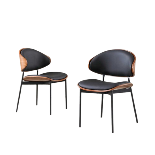 Modern Walnut &amp; Black Leather Dining Chairs with Metal Legs - Set of 2