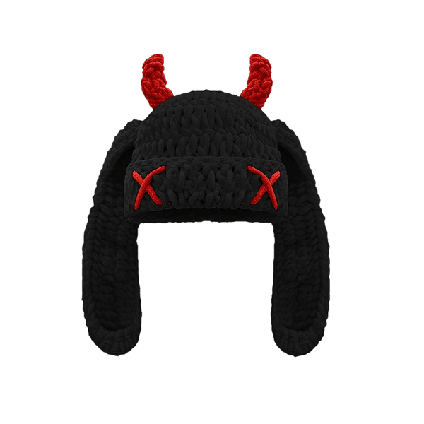 Hand-Knitted Hat Horned Hat Long-Eared Bunny Devil Unique Wool Hat