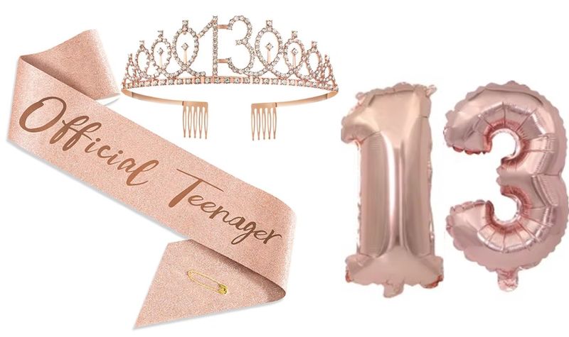 13th Birthday Tiara, Sash and Number Balloons - Rose Gold