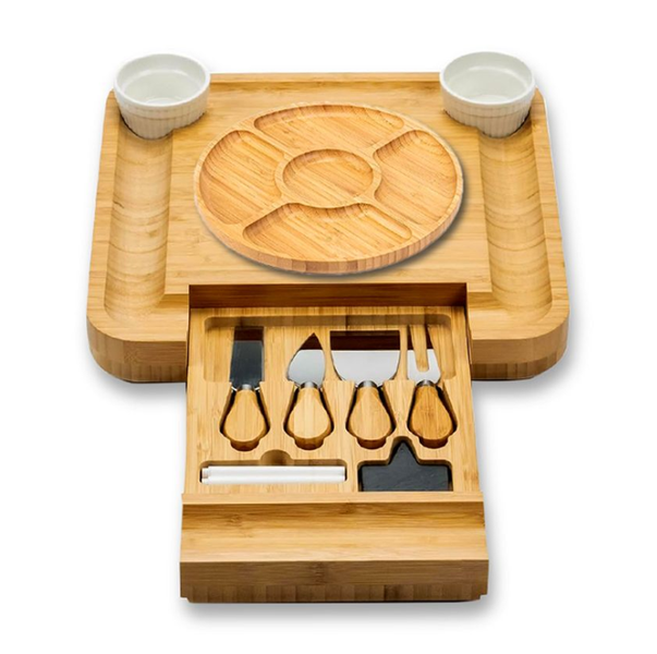 Bamboo Cheese Board Knife Set Includes 4 Knives And Ceramic Bowls