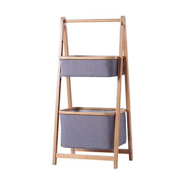 2 Tier Shelves Bamboo Laundry Organizer, Foldable Bathroom Organizer