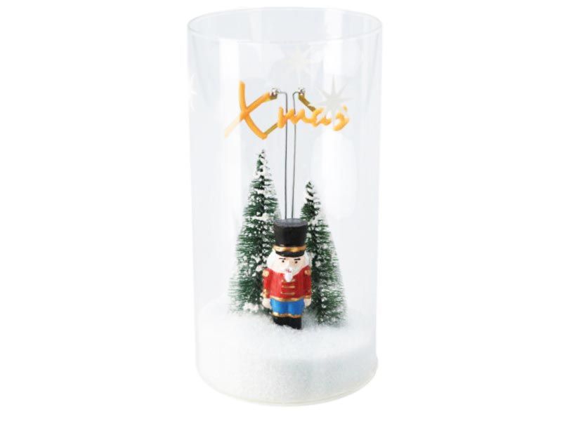 Glass Xmas Cylinder w/ Nutcracker Tree Scene, Neon, Timer, 9x9x18cm