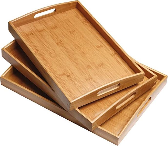 Bamboo Serving Tray with Curved Handles Nesting Organizer , Set of 3