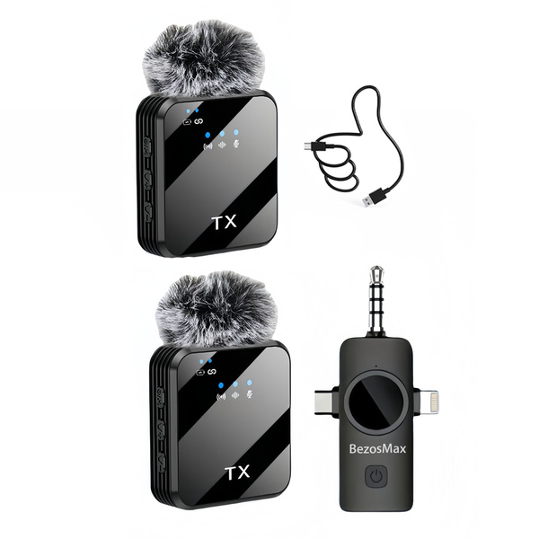 BezosMax 3 in 1 Wireless Lavalier Mic - 10M Range, 8H Battery, Noise Cancel