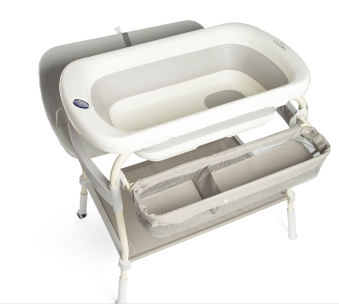 Baby Changing Station with Bathtub &amp; Storage - Foldable Metal Frame.