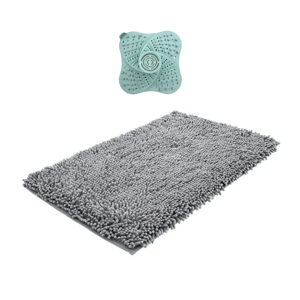 Eco-Friendly Super Absorbent Shaggy Bath Mat with Silicone Drain Strainer